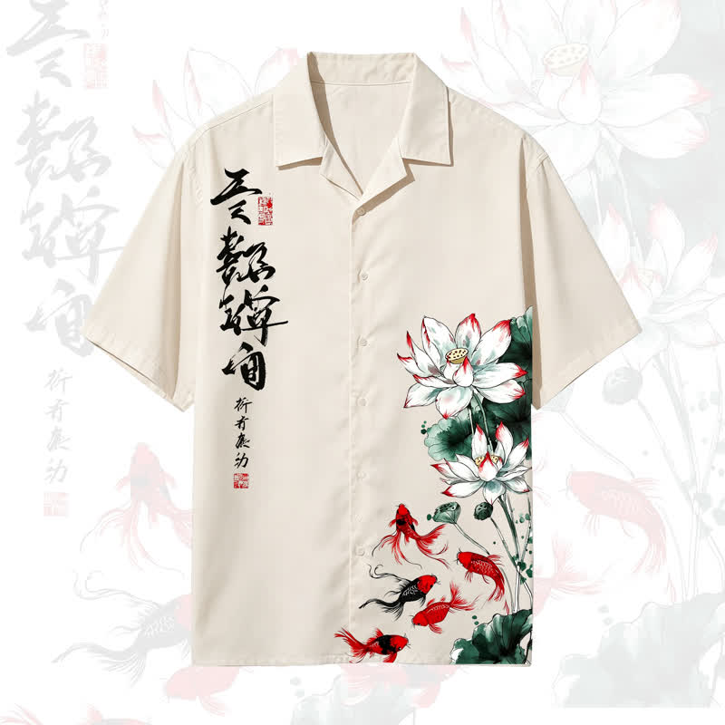 Chinese Ink Lotus Goldfish Print Short Sleeve Shirt Asymmetric Wide Leg Pants  - Shirt - 5XL - image 2