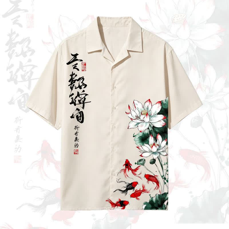 Chinese Ink Lotus Goldfish Print Short Sleeve Shirt Asymmetric Wide Leg Pants  - Shirt - 5XL - image 2
