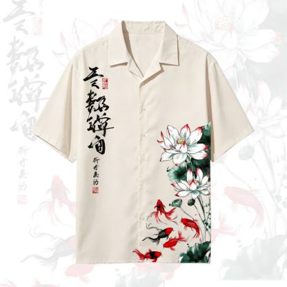Chinese Ink Lotus Goldfish Print Short Sleeve Shirt Asymmetric Wide Leg Pants  - Shirt - 5XL - image 2