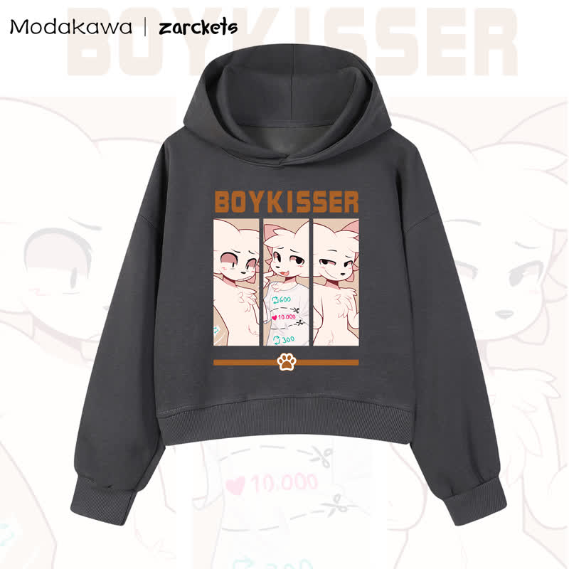 MODAKAWA X zarckets BOYKISSER Cat Graphic Cropped Cotton Hoodie - Dark Grey - 3XL - image 6