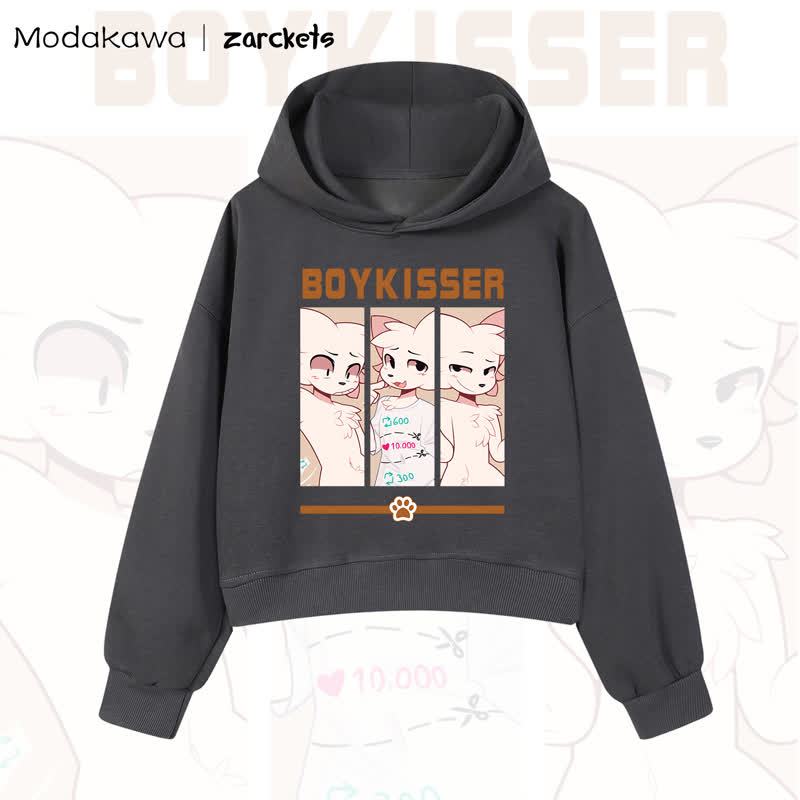 MODAKAWA X zarckets BOYKISSER Cat Graphic Cropped Cotton Hoodie - Dark Grey - 3XL - image 6