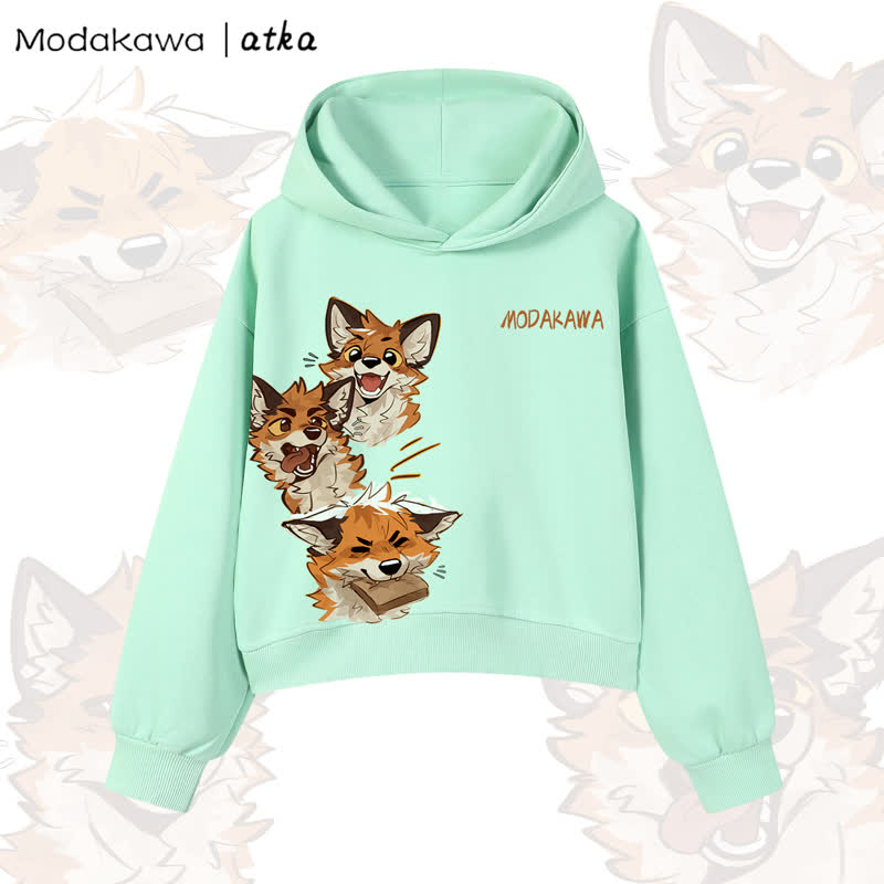 MODAKAWA X atka Cute Fox Graphic Cropped Cotton Hoodie - Green - 3XL - image 10