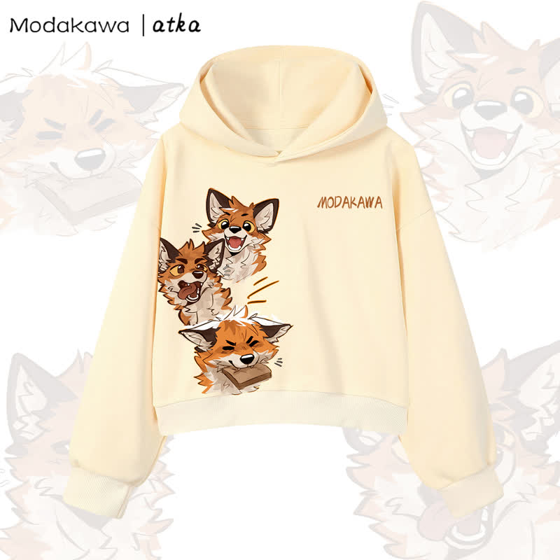 MODAKAWA X atka Cute Fox Graphic Cropped Cotton Hoodie - Yellow - 3XL - image 9