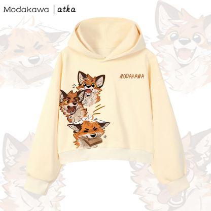 MODAKAWA X atka Cute Fox Graphic Cropped Cotton Hoodie - Yellow - 3XL - image 9