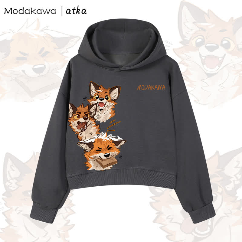 MODAKAWA X atka Cute Fox Graphic Cropped Cotton Hoodie - Dark Grey - 3XL - image 4