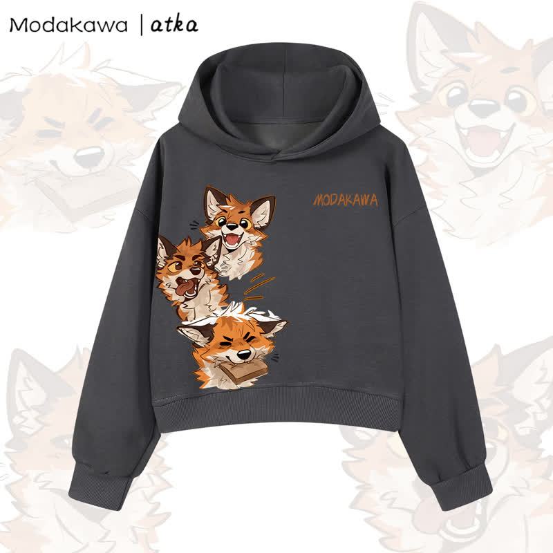 MODAKAWA X atka Cute Fox Graphic Cropped Cotton Hoodie - Dark Grey - 3XL - image 4