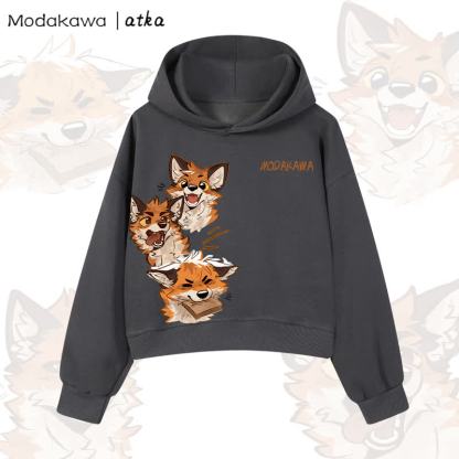 MODAKAWA X atka Cute Fox Graphic Cropped Cotton Hoodie - Dark Grey - 3XL - image 4