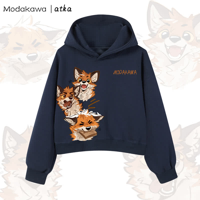 MODAKAWA X atka Cute Fox Graphic Cropped Cotton Hoodie - Navy Blue - 3XL - image 11