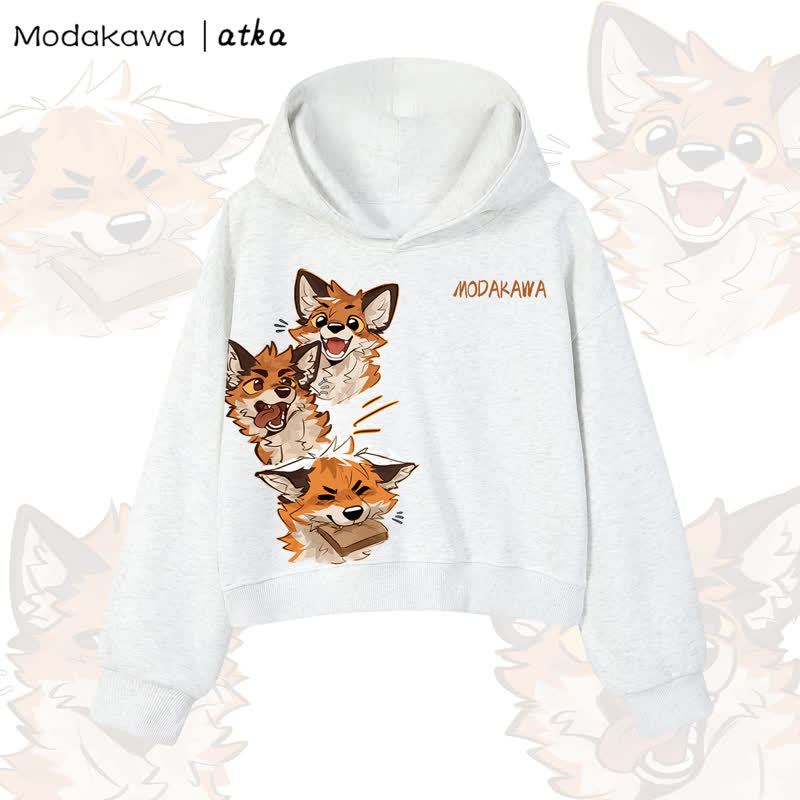 MODAKAWA X atka Cute Fox Graphic Cropped Cotton Hoodie - Light Gray - 3XL - image 8