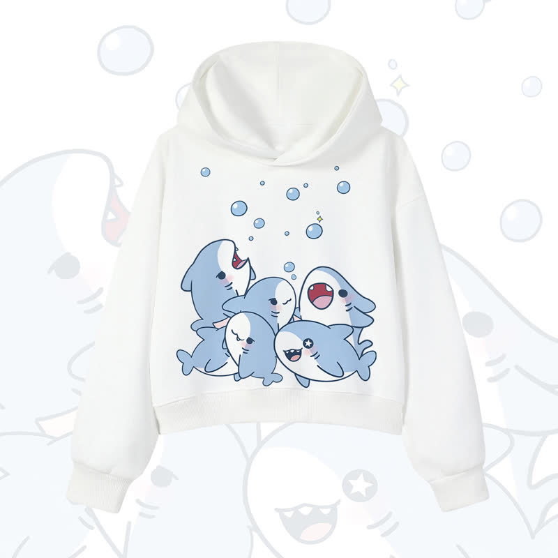 MODAKAWA Bubble Sharks Print Cropped Cotton Hoodie - White - 3XL - image 5