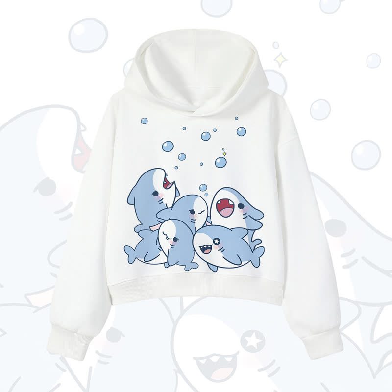 MODAKAWA Bubble Sharks Print Cropped Cotton Hoodie - White - 3XL - image 5