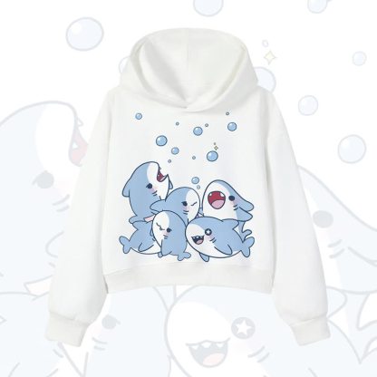 MODAKAWA Bubble Sharks Print Cropped Cotton Hoodie - White - 3XL - image 5