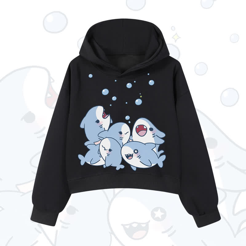 MODAKAWA Bubble Sharks Print Cropped Cotton Hoodie - Black - 3XL - image 4