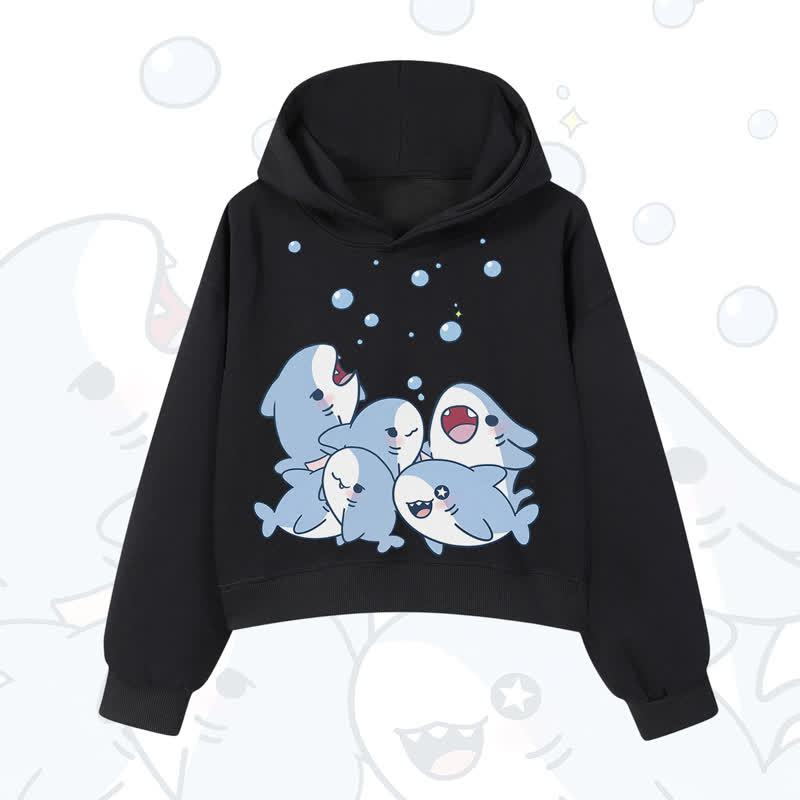 MODAKAWA Bubble Sharks Print Cropped Cotton Hoodie - Black - 3XL - image 4