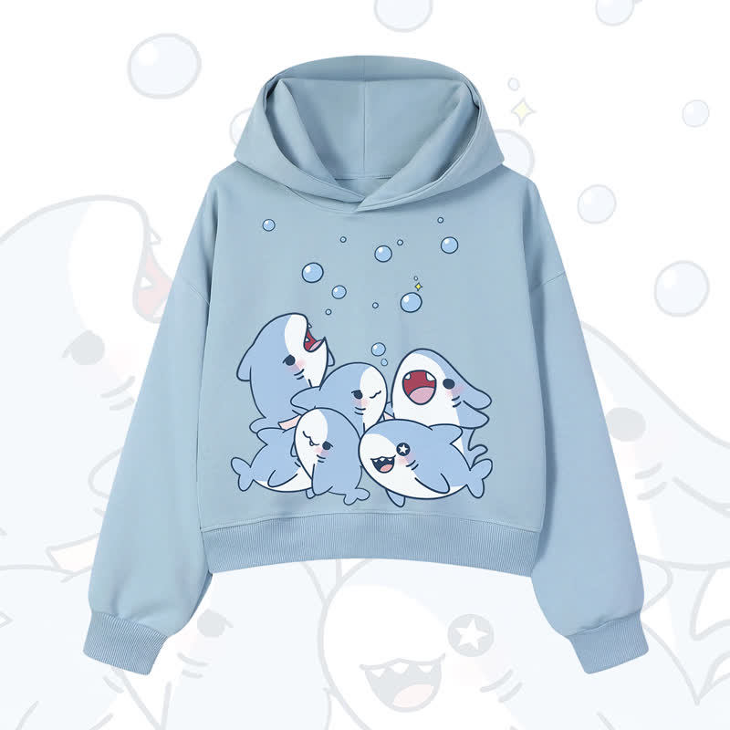 MODAKAWA Bubble Sharks Print Cropped Cotton Hoodie - Blue - 3XL - image 2