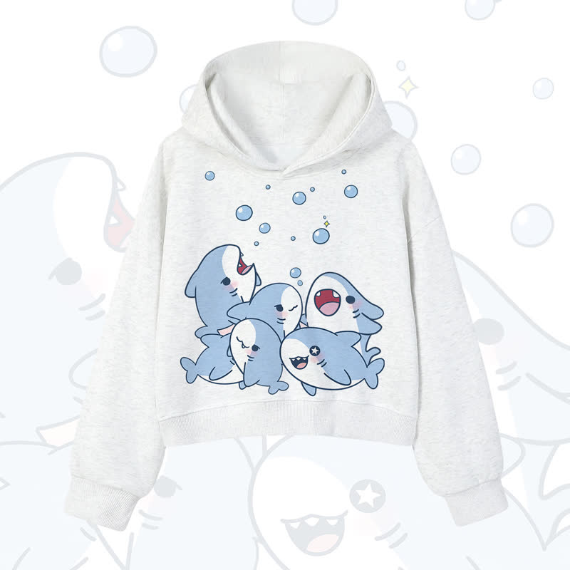 MODAKAWA Bubble Sharks Print Cropped Cotton Hoodie - Light Gray - 3XL - image 1