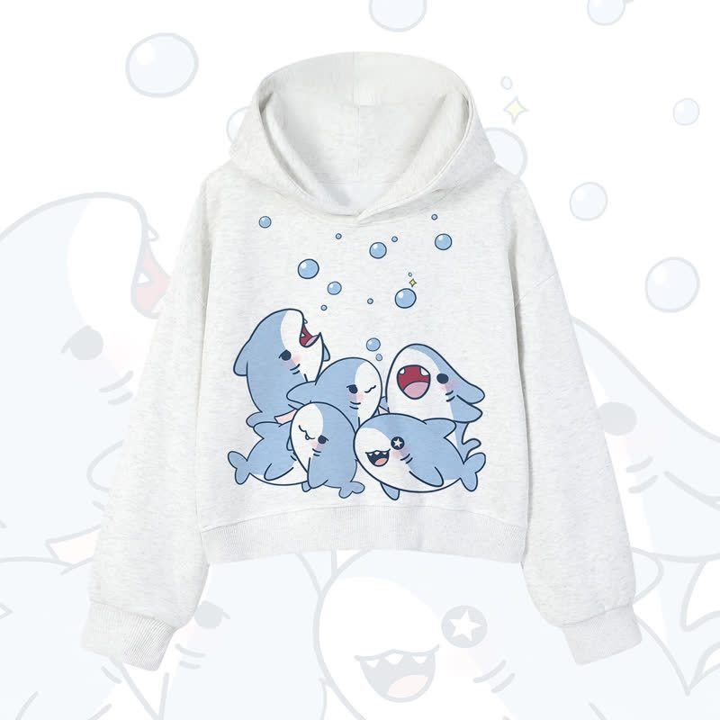 MODAKAWA Bubble Sharks Print Cropped Cotton Hoodie - Light Gray - 3XL - image 1