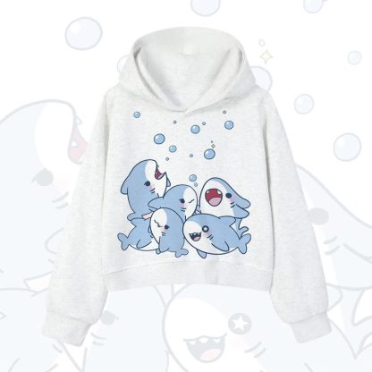 MODAKAWA Bubble Sharks Print Cropped Cotton Hoodie - Light Gray - 3XL - image 1