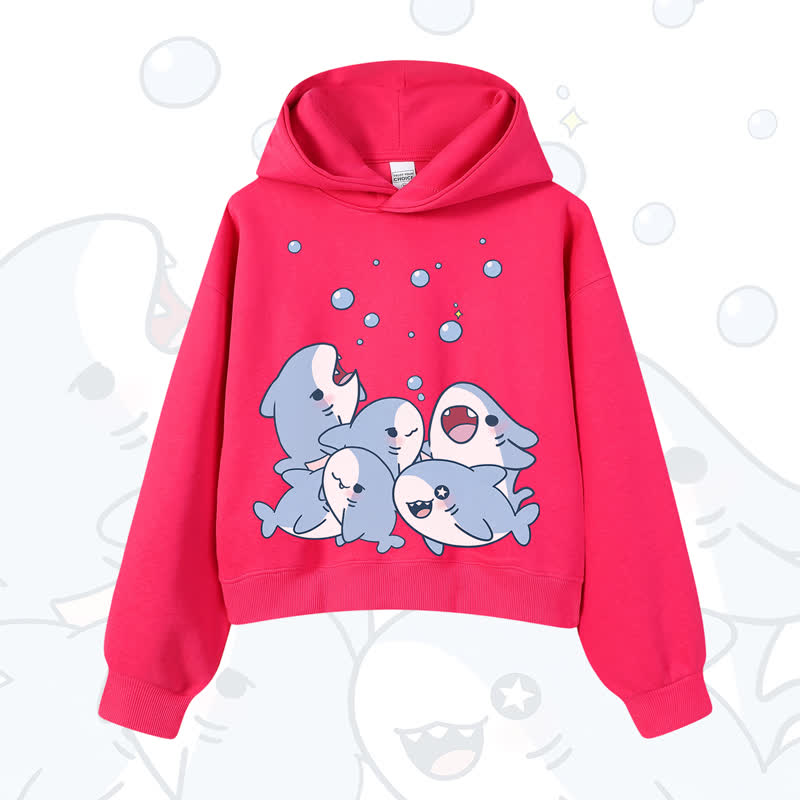 MODAKAWA Bubble Sharks Print Cropped Cotton Hoodie - Rose - 3XL - image 7