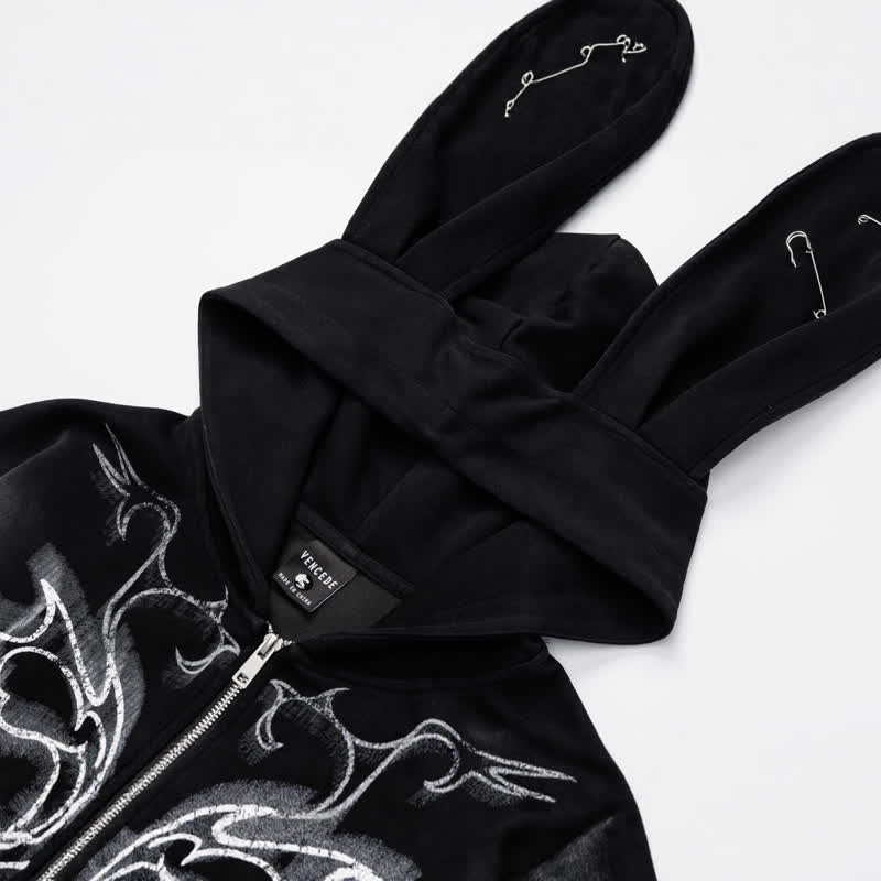 Y2k Sweet Cool Bunny Ear Lined Zip Up Hoodie Sweatshirt - image 3