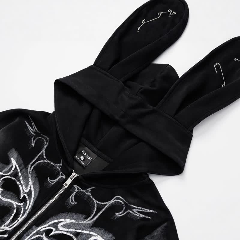 Y2k Sweet Cool Bunny Ear Lined Zip Up Hoodie Sweatshirt - image 3