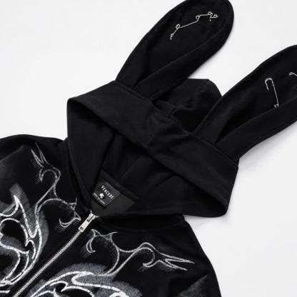 Y2k Sweet Cool Bunny Ear Lined Zip Up Hoodie Sweatshirt - image 3