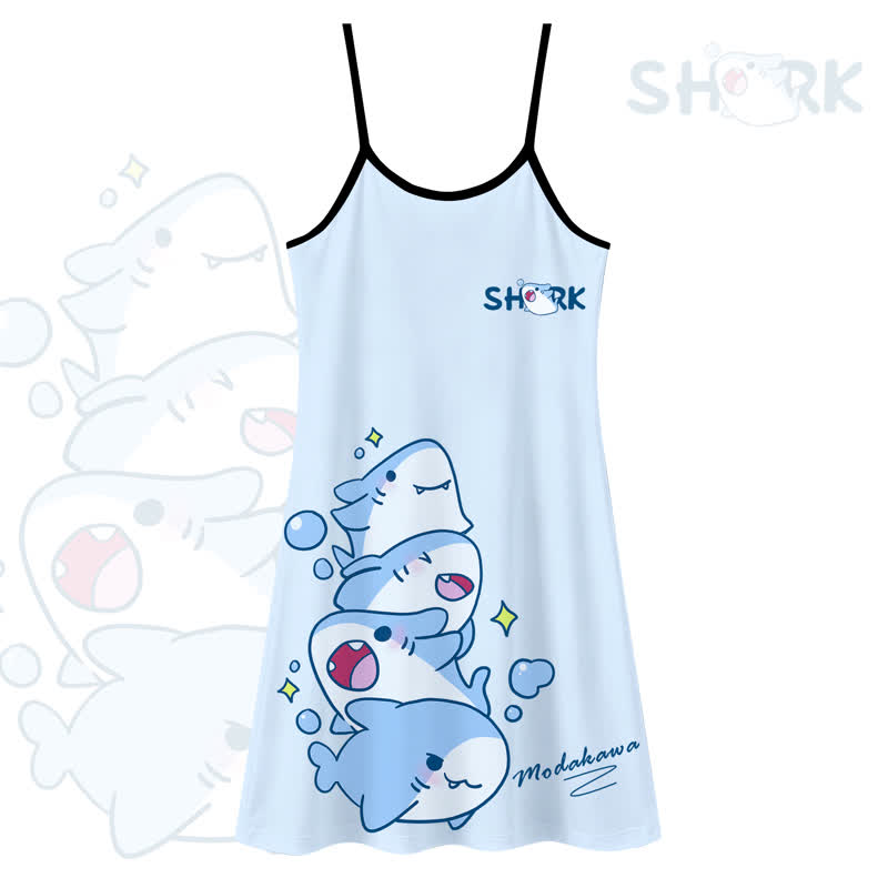 MODAKAWA Cute Shark Print Wear Anywhere Slip Dress - Blue - 5XL - image 1