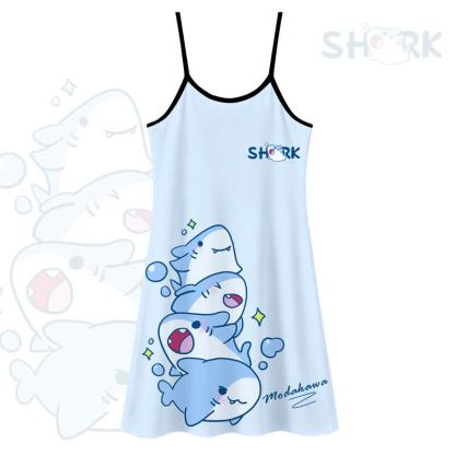MODAKAWA Cute Shark Print Wear Anywhere Slip Dress - Blue - 5XL - image 1