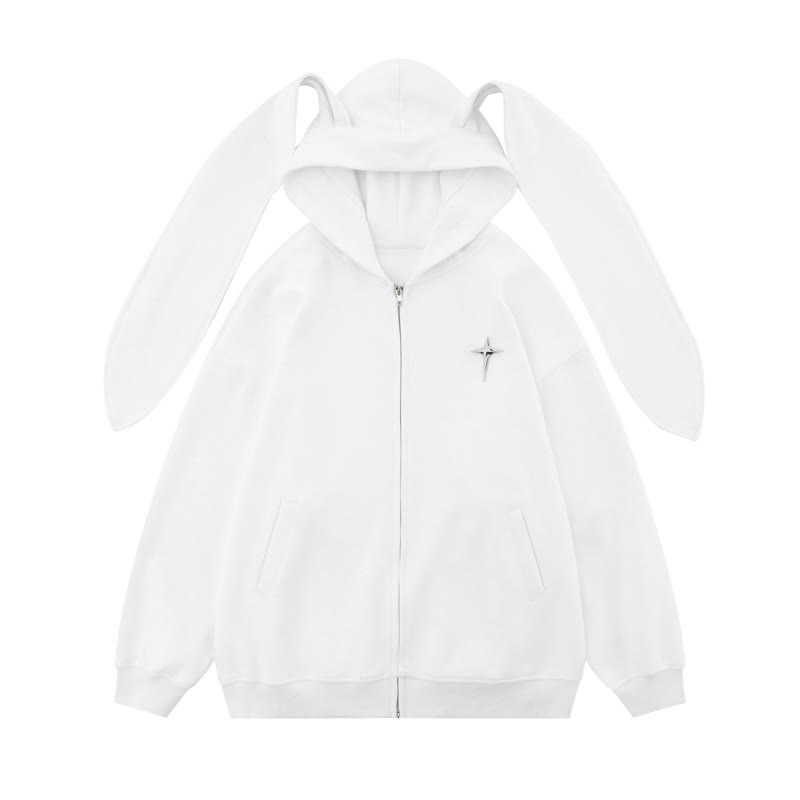 Kawaii Fashion Star Bunny Ear Lined Zip Up Hoodie Sweatshirt - White - XL - image 4