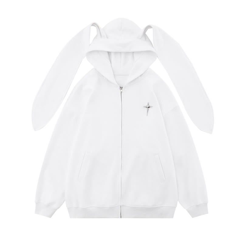 Kawaii Fashion Star Bunny Ear Lined Zip Up Hoodie Sweatshirt - White - XL - image 4