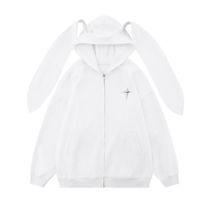 Kawaii Fashion Star Bunny Ear Lined Zip Up Hoodie Sweatshirt - White - XL - image 4