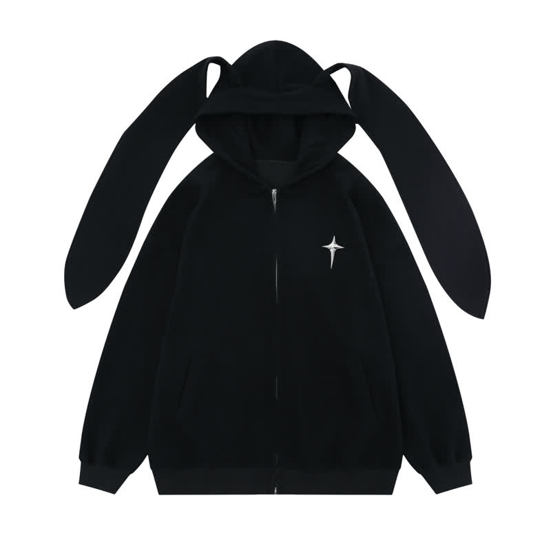 Kawaii Fashion Star Bunny Ear Lined Zip Up Hoodie Sweatshirt - Black - XL - image 2