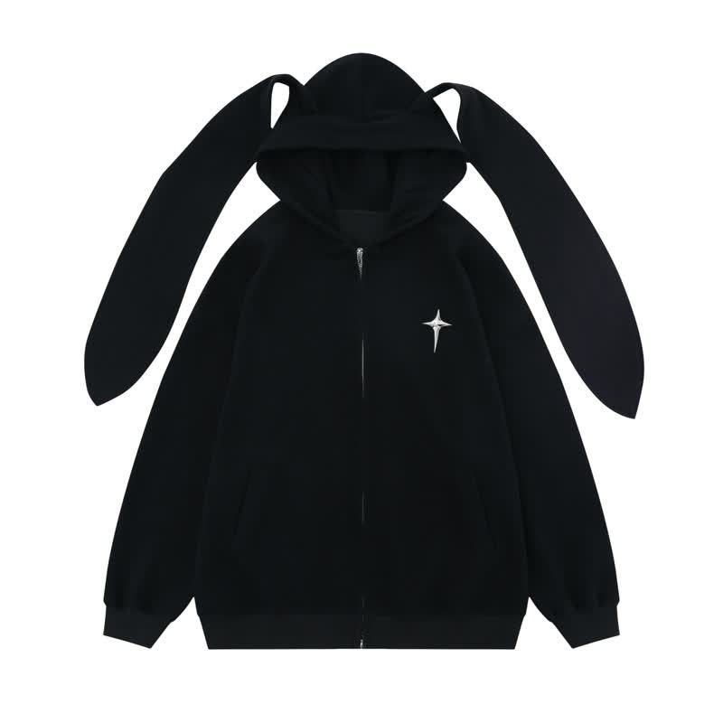Kawaii Fashion Star Bunny Ear Lined Zip Up Hoodie Sweatshirt - Black - XL - image 2
