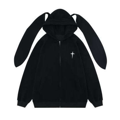 Kawaii Fashion Star Bunny Ear Lined Zip Up Hoodie Sweatshirt - Black - XL - image 2