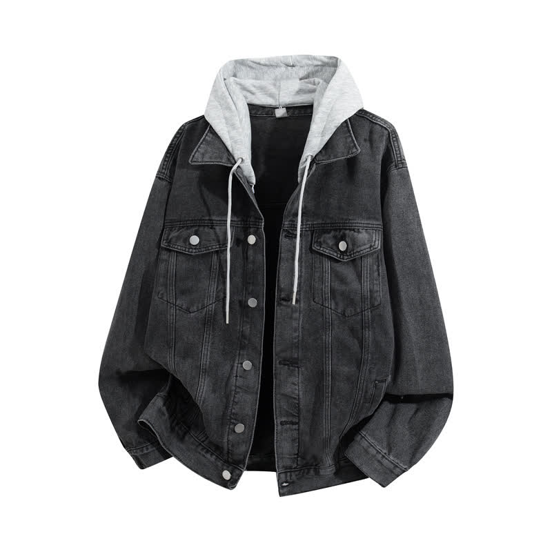 Vintage Casual Fake Two Piece Loose  Hooded Denim Jacket - Grey A - 3XL - image 1