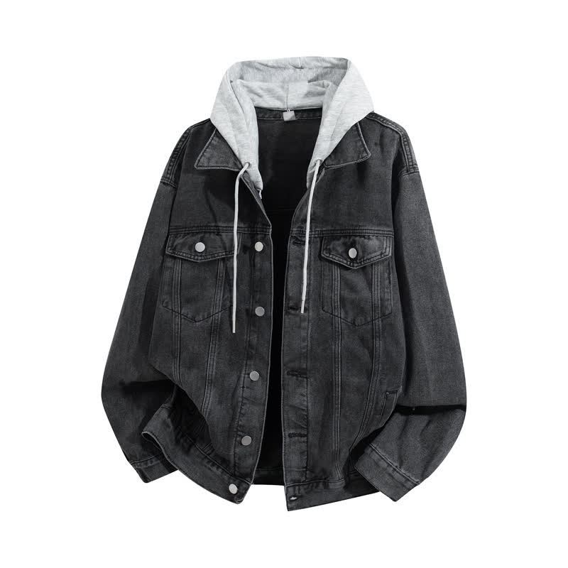 Vintage Casual Fake Two Piece Loose  Hooded Denim Jacket - Grey A - 3XL - image 1