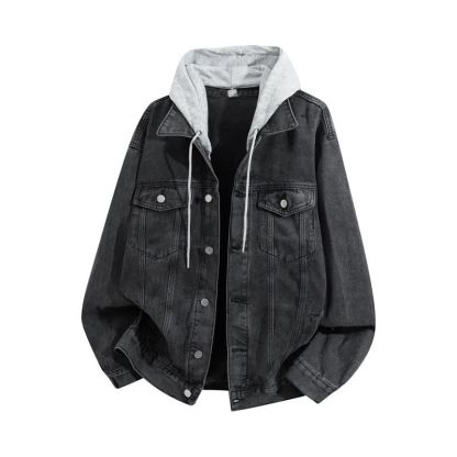 Vintage Casual Fake Two Piece Loose  Hooded Denim Jacket - Grey A - 3XL - image 1