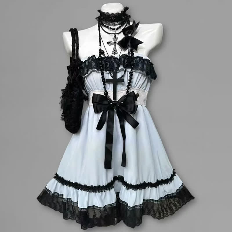 Goth Black Lace Blue Bow Slip Dress Two Pieces Set - Dress - XL - image 2