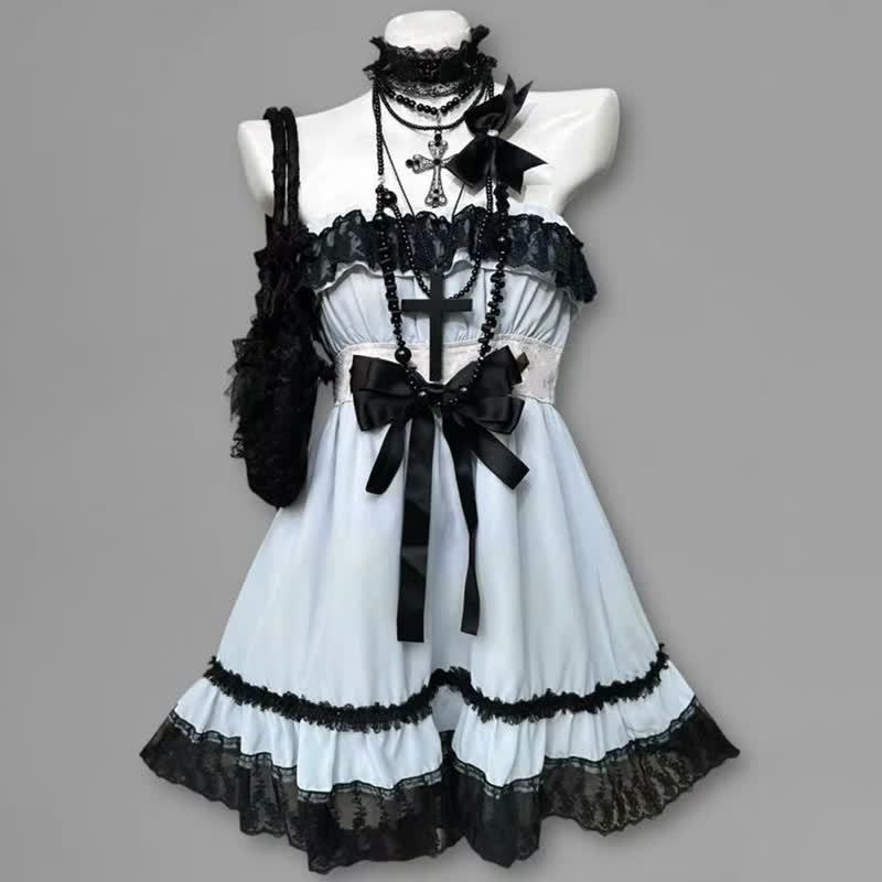 Goth Black Lace Blue Bow Slip Dress Two Pieces Set - Dress - XL - image 2