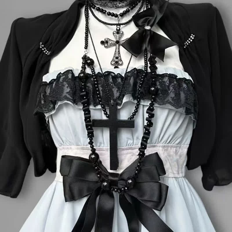 Goth Black Lace Blue Bow Slip Dress Two Pieces Set - image 3