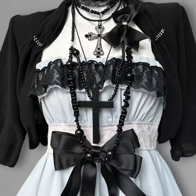 Goth Black Lace Blue Bow Slip Dress Two Pieces Set - image 3