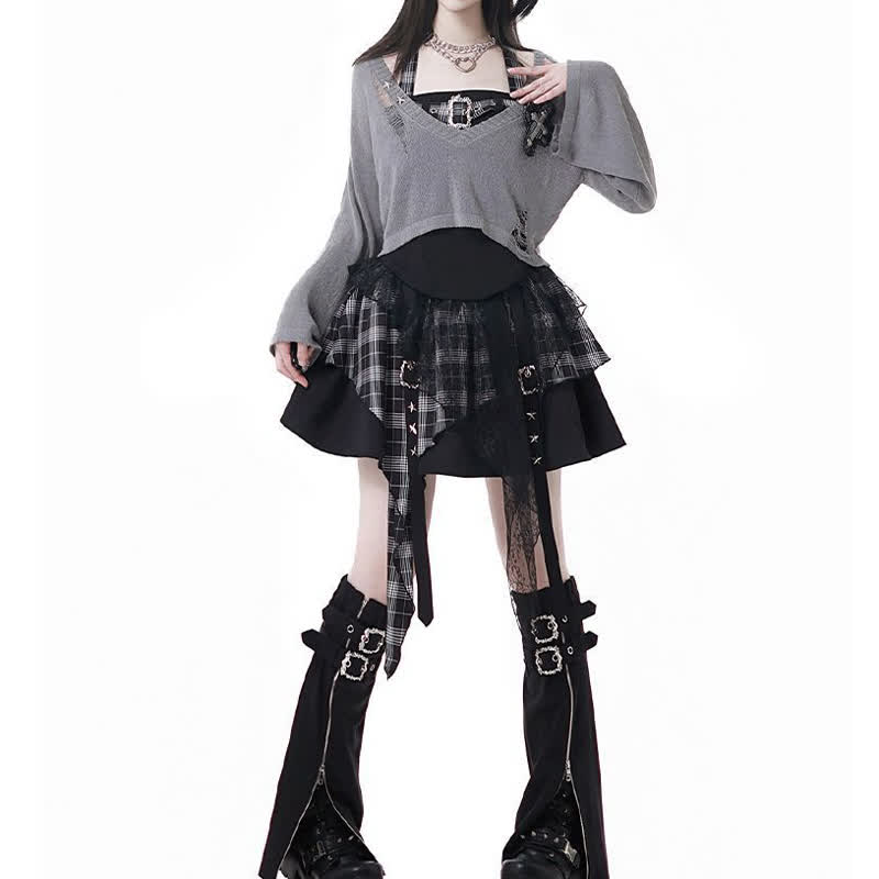 Gothic Plaid Halter Top Asymmetric Tiered Skirt Three Pieces Set - Black Set - XL - image 3