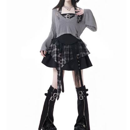 Gothic Plaid Halter Top Asymmetric Tiered Skirt Three Pieces Set - Black Set - XL - image 3