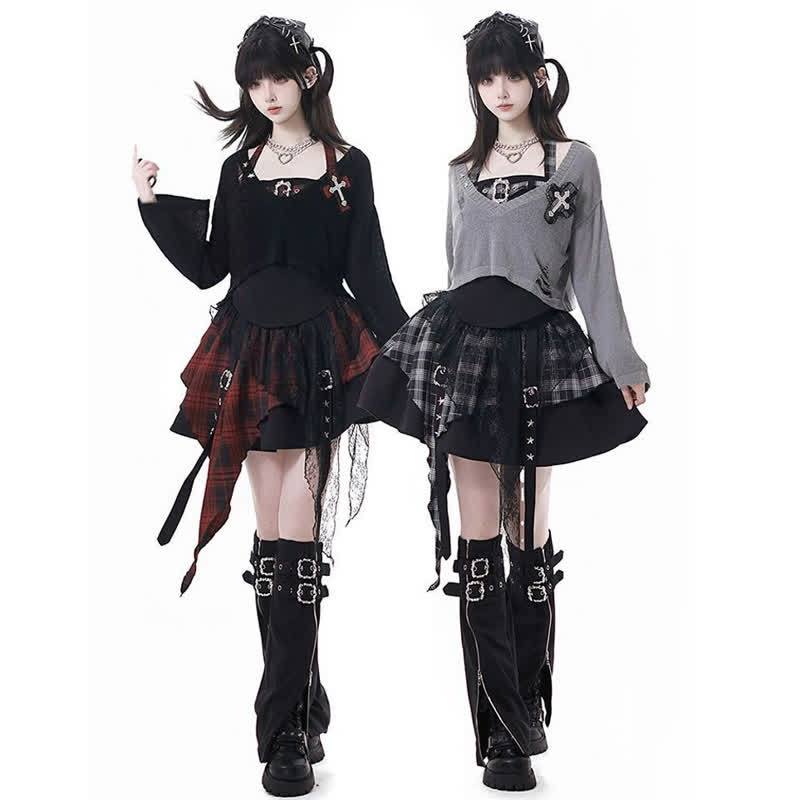 Gothic Plaid Halter Top Asymmetric Tiered Skirt Three Pieces Set - image 2