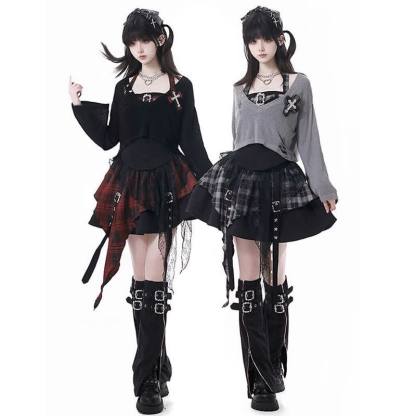 Gothic Plaid Halter Top Asymmetric Tiered Skirt Three Pieces Set - image 2