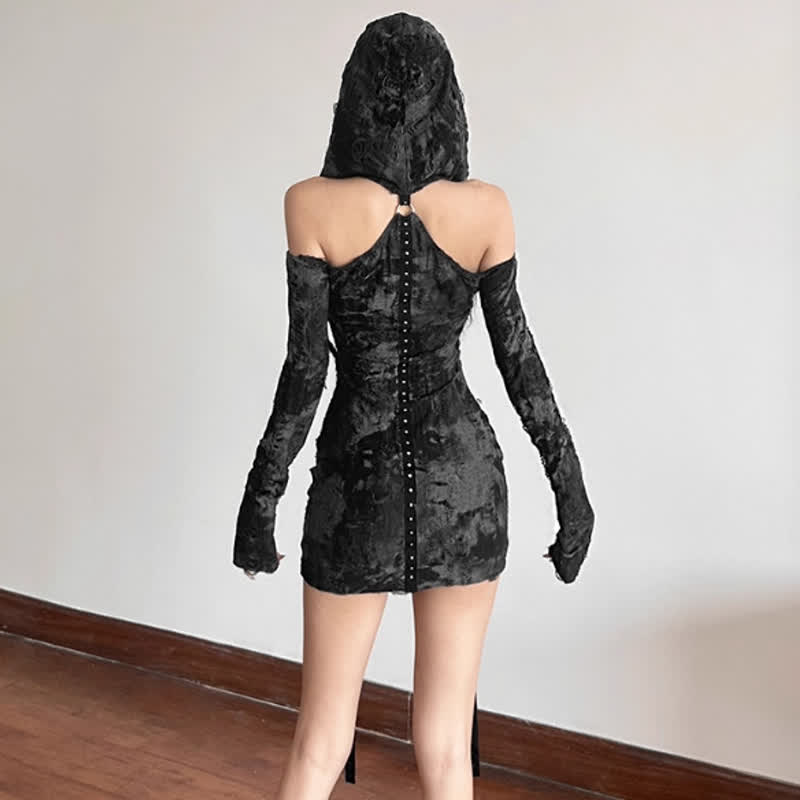 Vintage Wasteland Tie Dye Off Shoulder Hooded Bodycon Dress - image 3