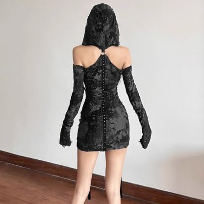 Vintage Wasteland Tie Dye Off Shoulder Hooded Bodycon Dress - image 3