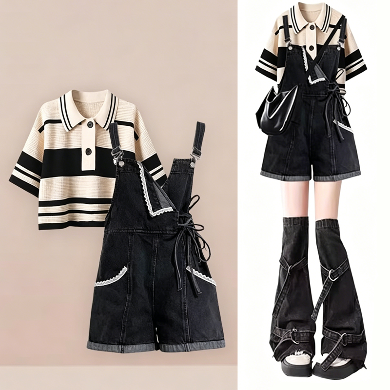  Striped Polo Top Denim Overall Shorts Two Pieces Set - Set - 3XL - image 1