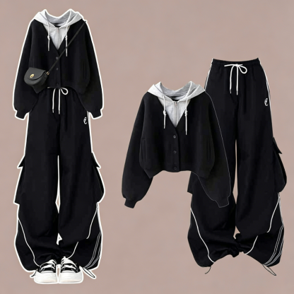 Fake Two Piece Hooded Sweatshirt Slim Fit Cargo Pants Two Pieces Set - Set - 4XL - image 1