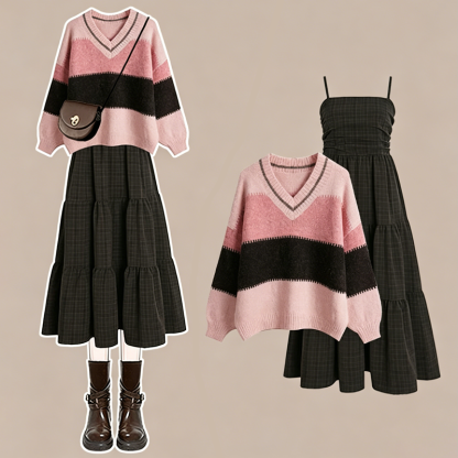 Color Block V Neck Knit Sweater Tiered Dress Two Pieces Set - Set - 4XL - image 1